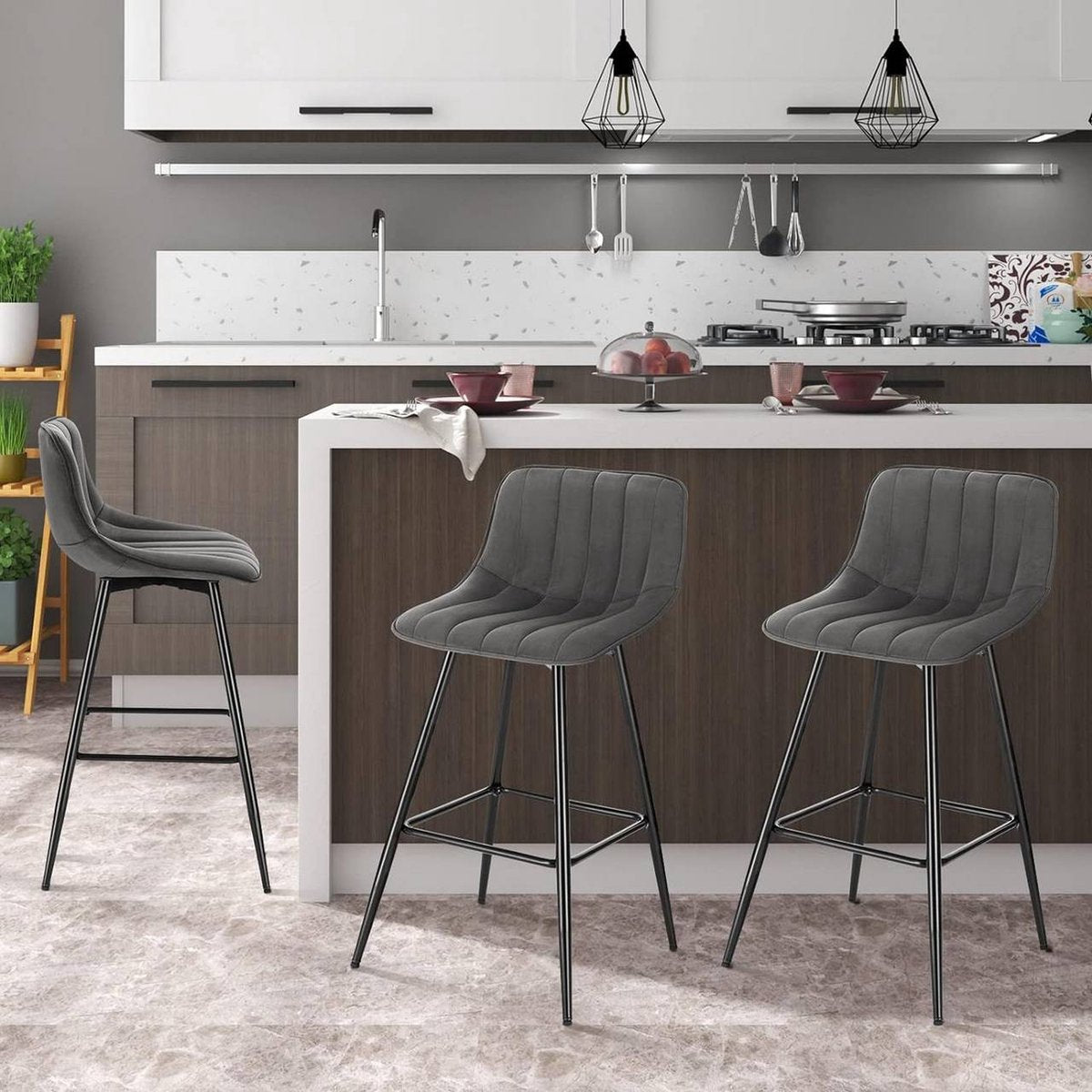 Barkrukken - Donkergrijs - Velvet - Industrial stijl - Set van 2