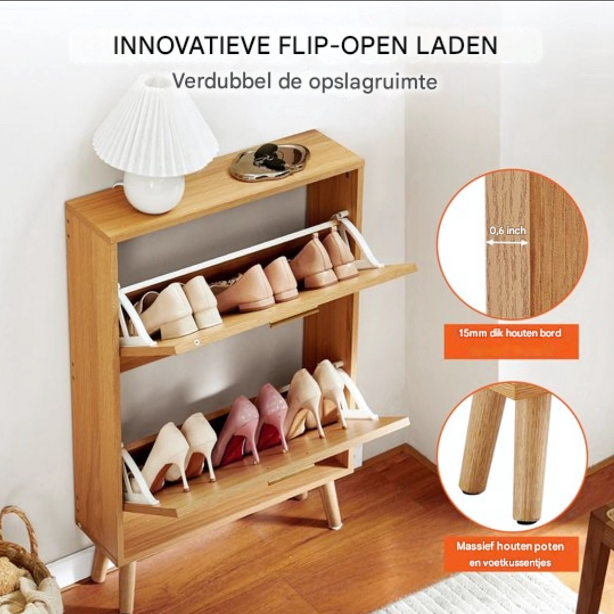 Schoenenkast met klep - 2 kleppen - Schoenenbank - Houtkleur - Kantelsysteem - Schoenenbak - 36KG