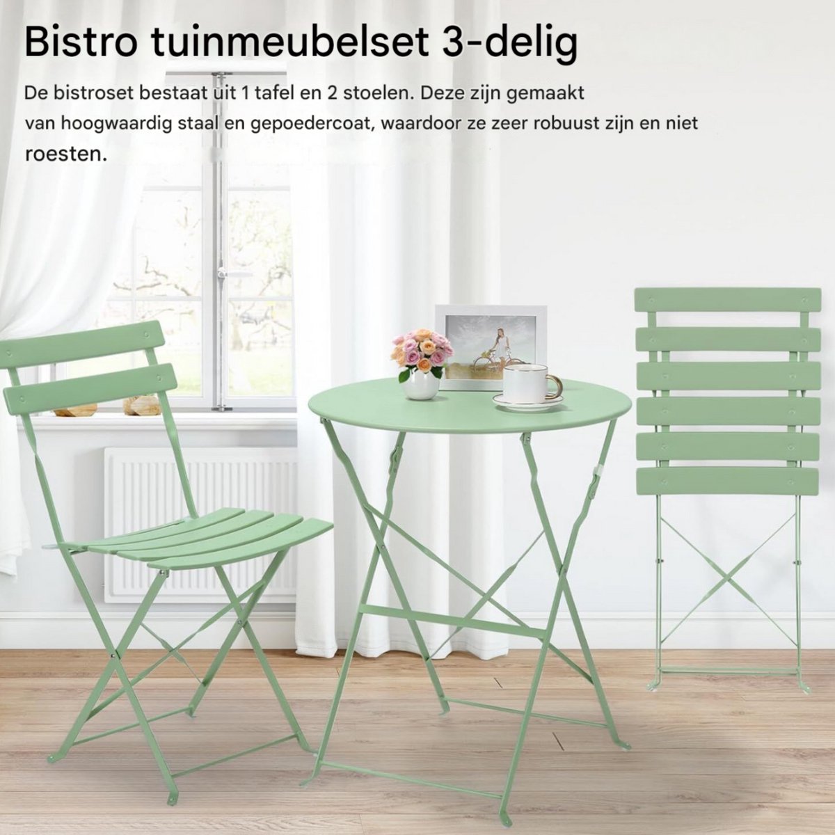 Bistroset 2 persoons - Metaal - Tuinset - Met bistrostoeltjes - 3-delig - Tuintafel - Groen
