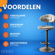 Barkrukken Mumba - Set van 2 - Met rugleuning - Verstelbaar - Voor Keuken, Bar of woonkamer - Draaibaar - Grijs