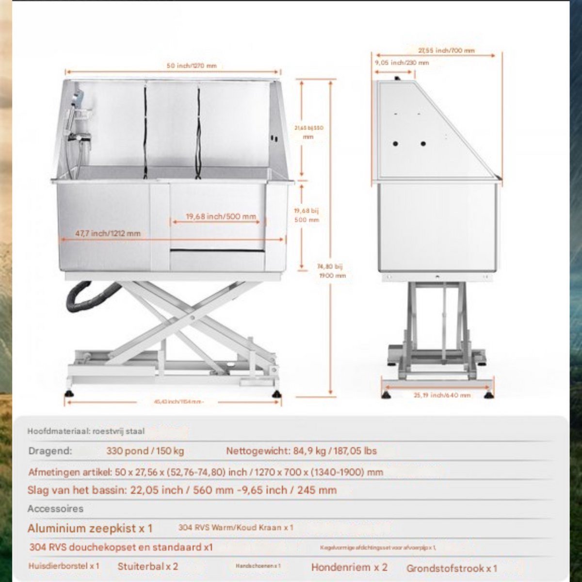 Hondenverzorgingskuip - 127cm - RVS Huisdierenbad - 150kg Capaciteit - Hondenwassysteem