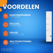 Boekenkast met 5 Lagen - Voor Woonkamer, Kantoor of Studeerkamer - Staande Hoekkast met Opbergruimte en Deurtje - Wit MDF