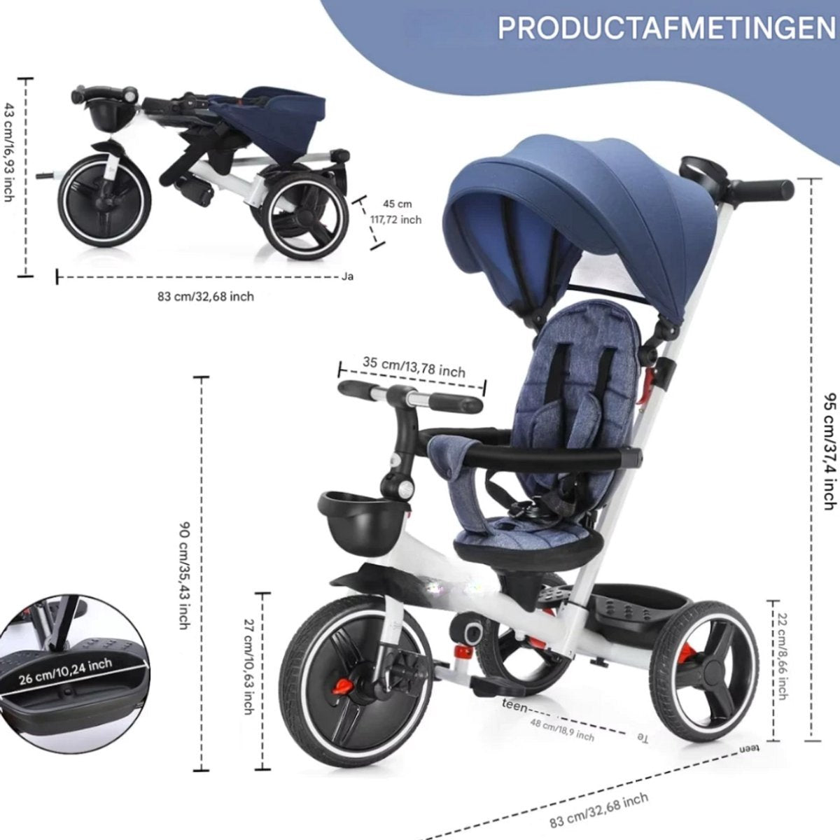 Baby driewieler Zyrell - 6-in-1 - Voor kinderen - Duwfiets met duwstang - Babyfiets - Loopfiets - Peuterfiets - Blauw