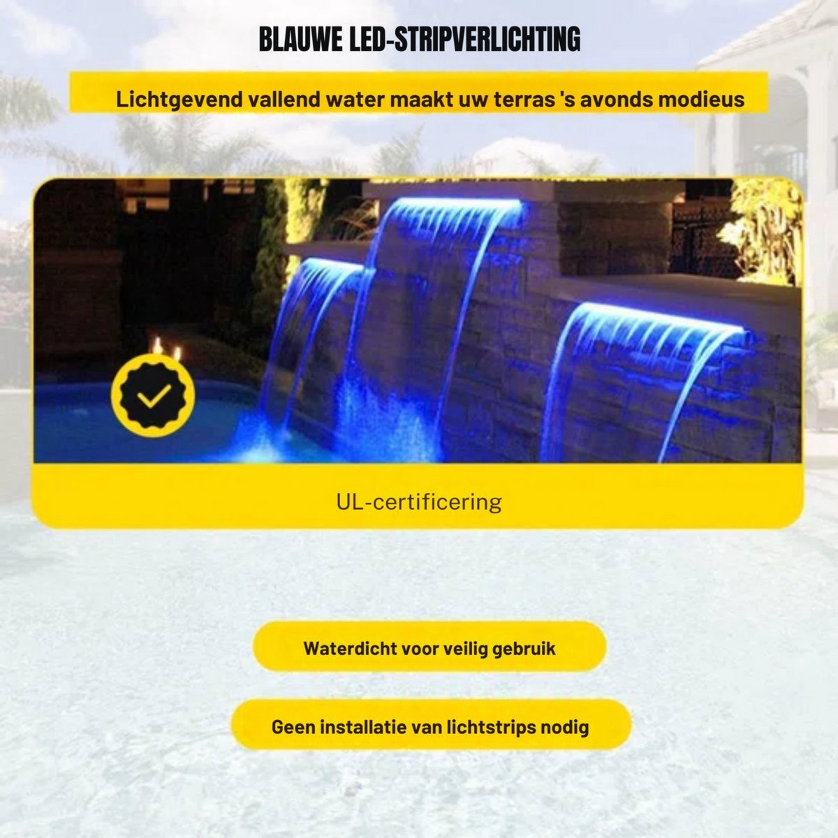 Zwembad fontein milano - 30 cm - Blauwe LED verlichting - Waterval - RVS - Met Connector Slang Klem PTFE Tape