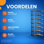 Hoekkast Zakapone - Hoge vakkenkast 200cm - Boekenrek Hoekmeubel - Opbergrek 7 planken - Bruin