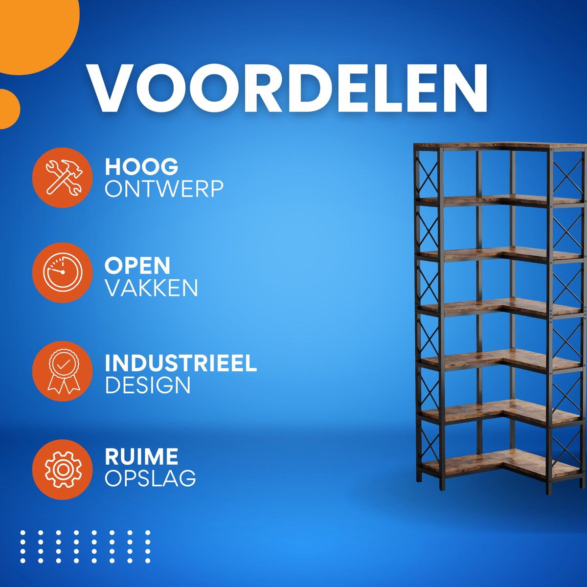 Hoekkast Zakapone - Hoge vakkenkast 200cm - Boekenrek Hoekmeubel - Opbergrek 7 planken - Bruin