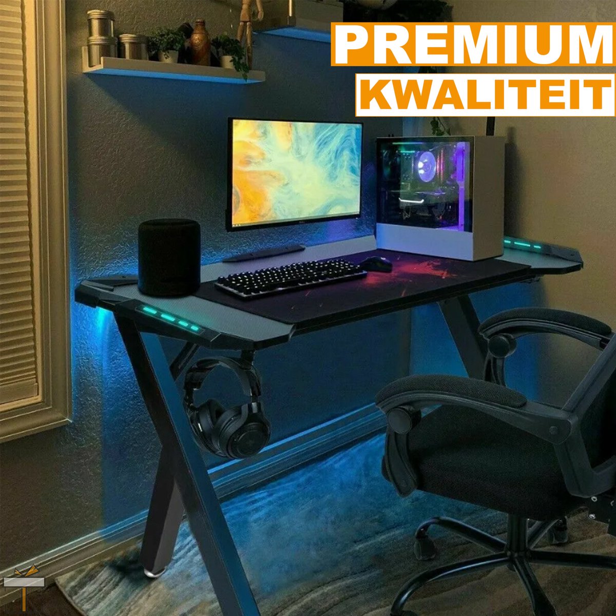 Happyment Gaming bureau Deluxe - Met RGB led verlichting - Gaming desk tafel - Headset en drinkbeker houder - Zwart - 120cm