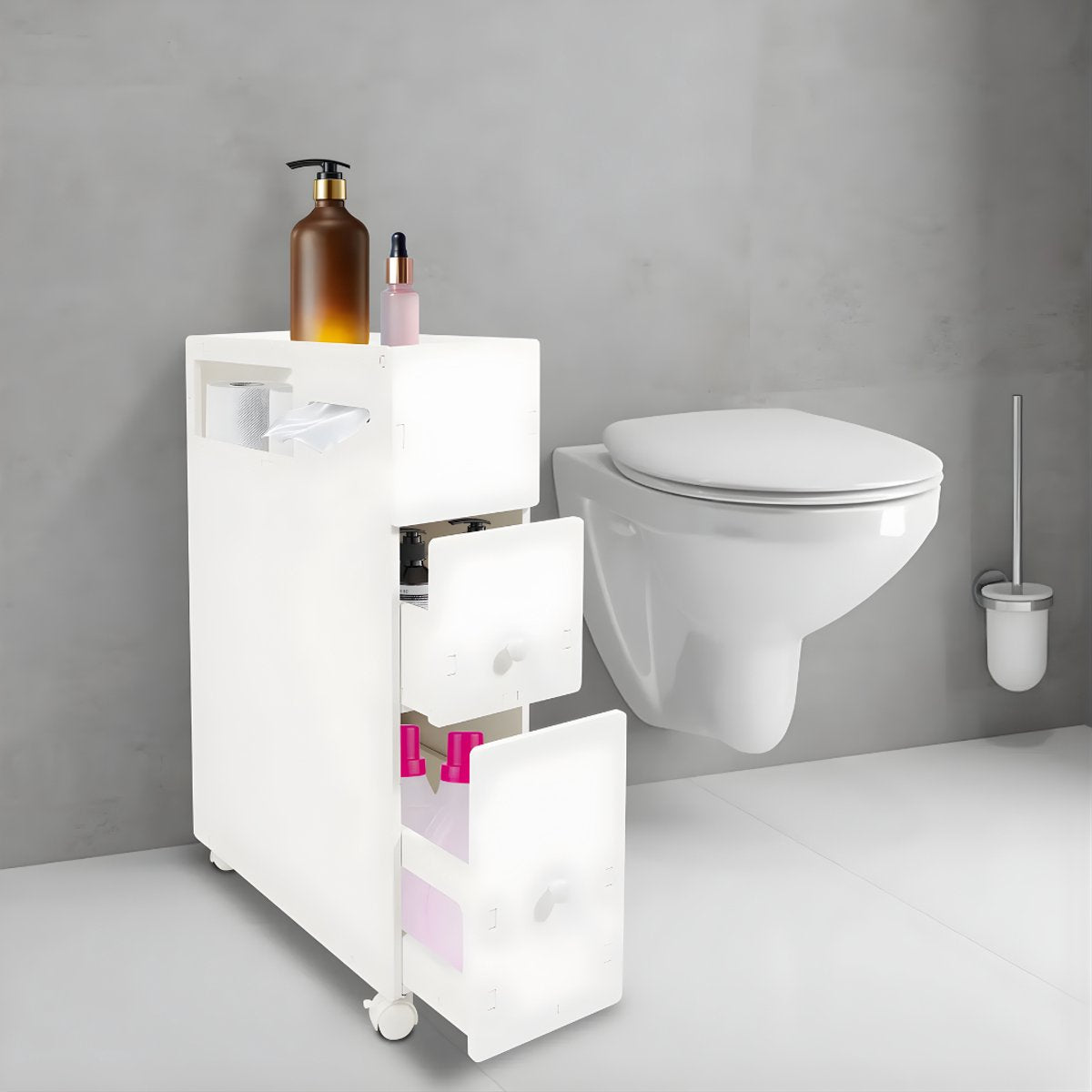 Badkamerkast - Opbergkast - Badkamermeubel - Voor smalle badkamers - Op wieltjes - Wit - 53*19,5*75 cm