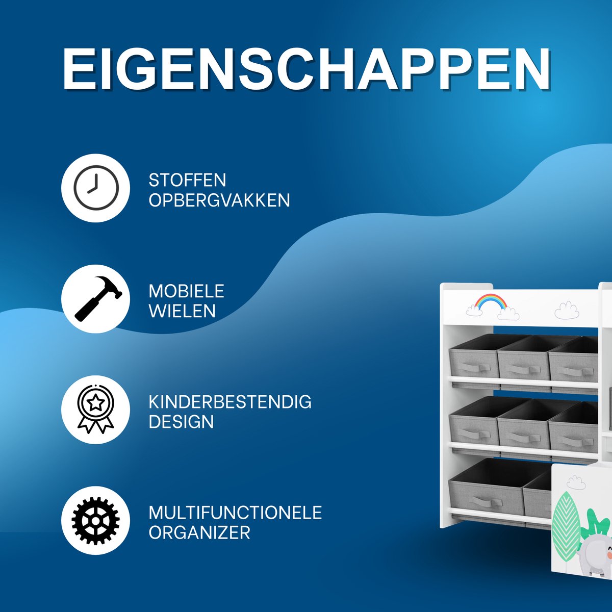 Speelgoedopbergkast – Kinderspeelkamer - Kinderboekenkast – Voor kinderen in speelkamer of kinderkamer – 10 opbergruimtes, speelgoeddoos op wielen – Wit