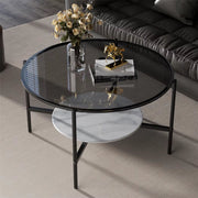 Salontafel Mira - 2-Lagen Glazen Design - Goud - Glanzend Tafelblad & Leistenen Onderplank - Moderne Luxe Thee- & Bijzettafel voor Woonkamer