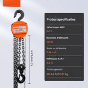 Katrolblok - 2 ton - Handmatige Rateltakel - Takel - Lier - Kettingtakel - 2000KG - 2,8m - 360° Draaibaar
