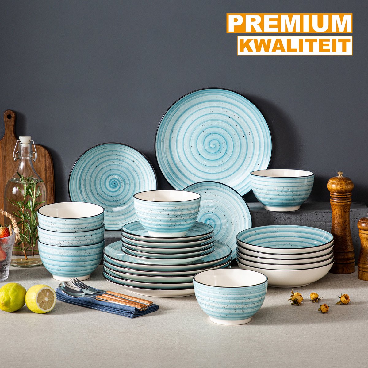 Ornate Bordenset – 6 persoons – 24 delig – Blauw Keramisch – Dinerborden – Ontbijtborden