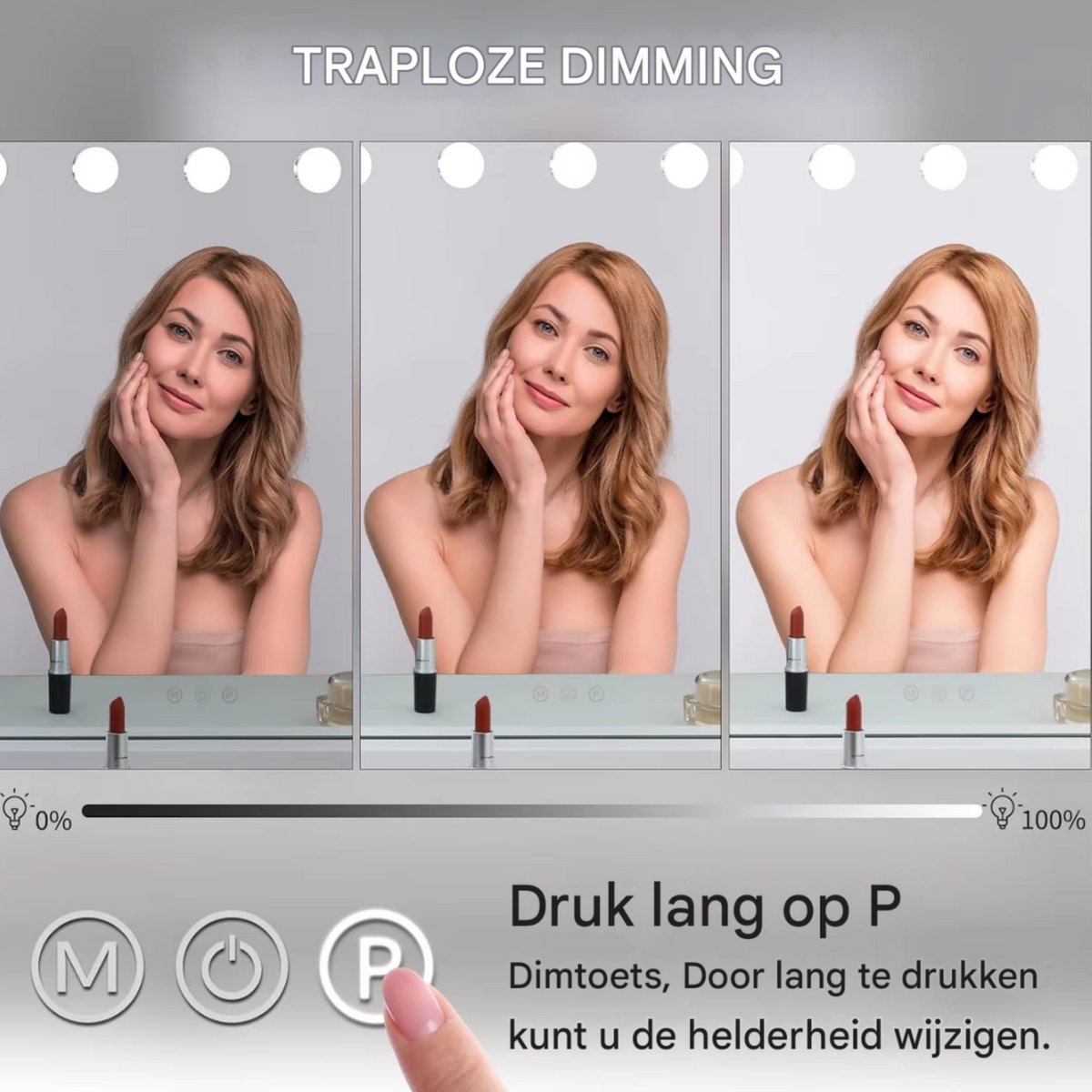 Make up spiegel met verlichting - Wit - Voor bureau - 20 Dimbare LED-lampen - 3 kleuren - Vierkant