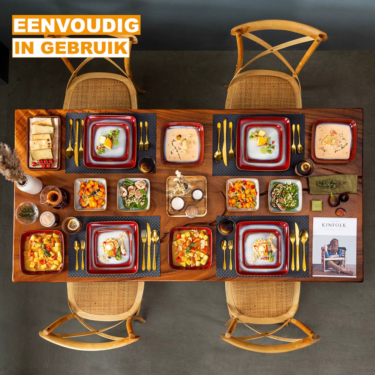 Regal Dinerborden – 4 persoons – 16 delig – Keramisch rood – Dinerborden – Breakfast Plates