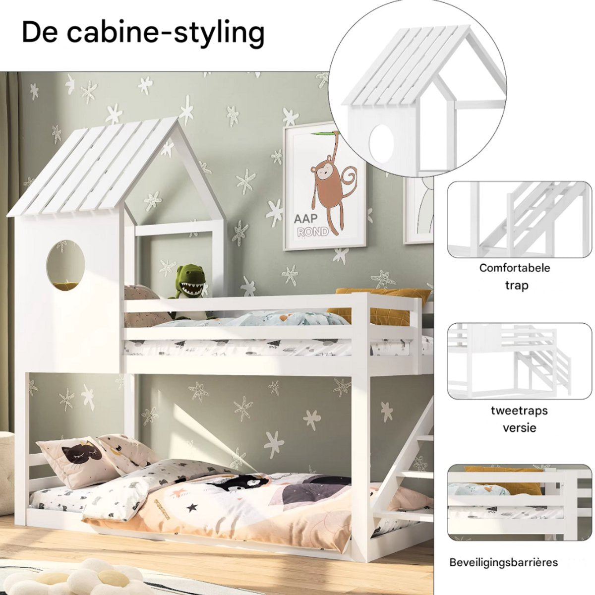 Stapelbed 200 x 90 cm - Voor Kinderen - 2 kinderbedden - Hoogslaper - Met Hoektrap, valbeveiliging en raam - Peuterbed