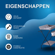 Babyverschoontafel – Verzorgingstafel - Opvouwbaar voor kinderkamer – Stabiel en veilig met opbergruimte – Max. draagvermogen 15 kg – Grijs - Met wielen