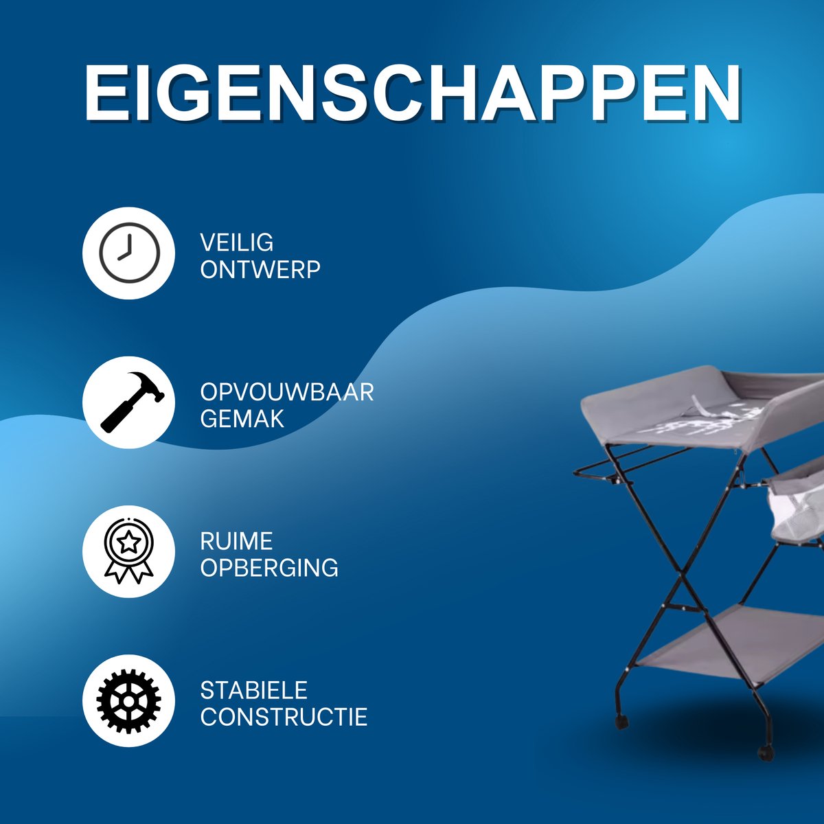 Babyverschoontafel – Verzorgingstafel - Opvouwbaar voor kinderkamer – Stabiel en veilig met opbergruimte – Max. draagvermogen 15 kg – Grijs - Met wielen