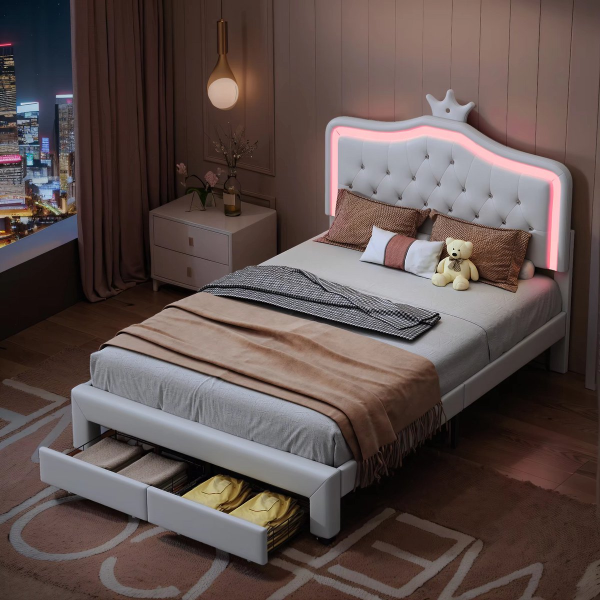 Kinderbed voor meisjes - 140x200cm - Gestoffeerd bed met 2 lades - LED-verlichting en rugleuning - Lattenbodem - Twijfelaar