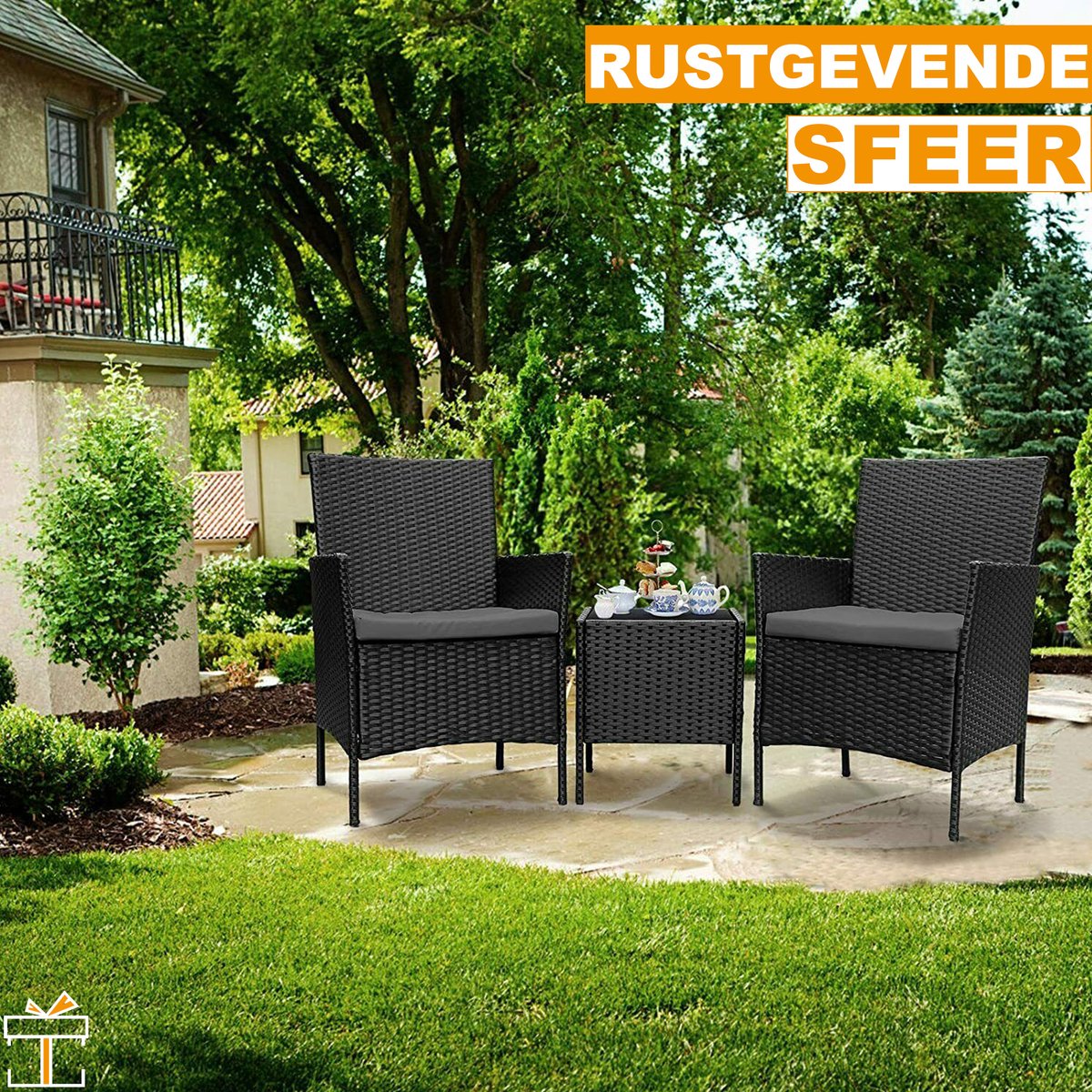 Happyment Tuinset 2 persoons - Wasbare kussens - Tuintafel met stoelen - Tuinsets - Loungeset tuinmeubels
