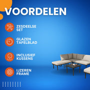 6-delig Tuin Loungeset - Tuinmeubelset - Voor Buiten & Terras - Met Glazen Tafelblad & Kussens - Touwgaas & IJzeren Frame