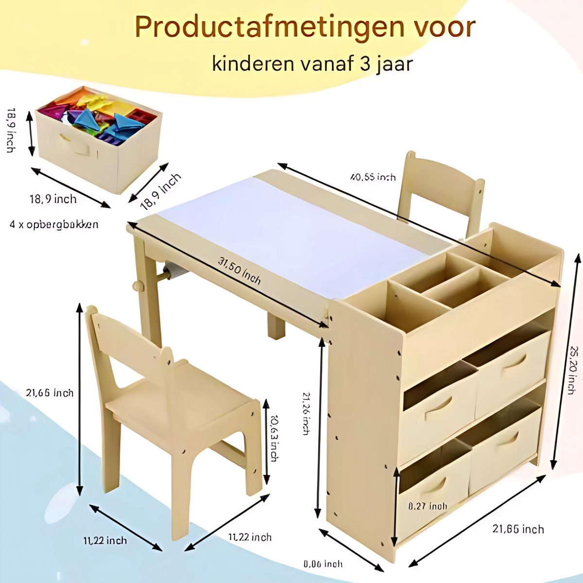 Kunsttafel en Stoelenset voor Kinderen - Houten Knutseltafel met 2 Stoelen, Opbergplanken, Canvas Bakken en Papierrol - Speeltafel voor Kinderkamer - Houtlook