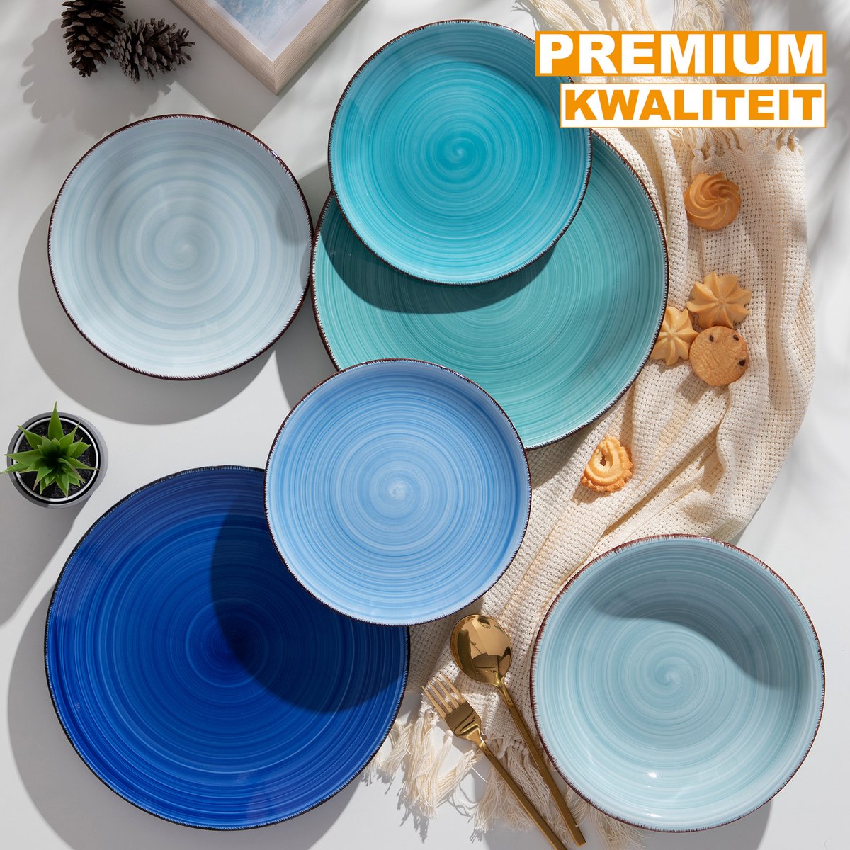 Lorentino Serviesset - 6 delig - 8 persoons - Blauw - Dinerborden - Bordenset - Diepe borden - Ontbijtborden - Servies - Keukenservies