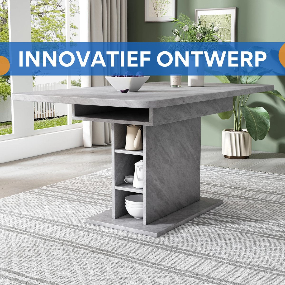 Eettafel - Keukentafel - Uitschuifbaar - Voor Woonkamer of Eethoek - Met Opbergruimte & Modern Design - Rechthoekig IJzer & Hout - Grijs