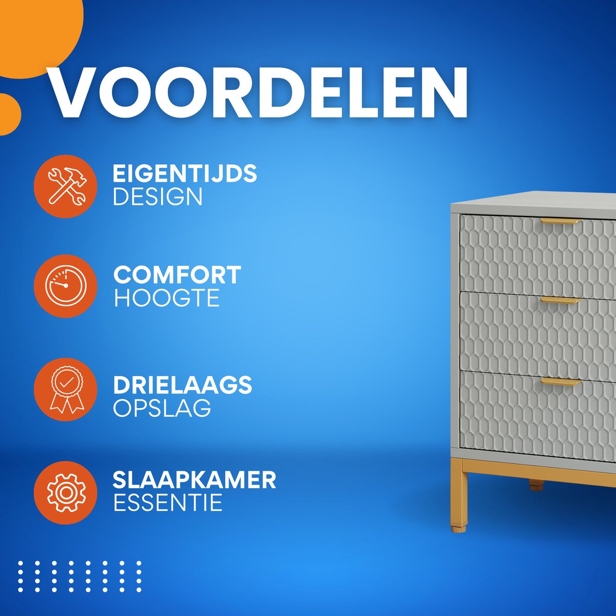 Modern nachtkastje - Voor Slaapkamer - 65cm hoog - 3 lades - Grijs