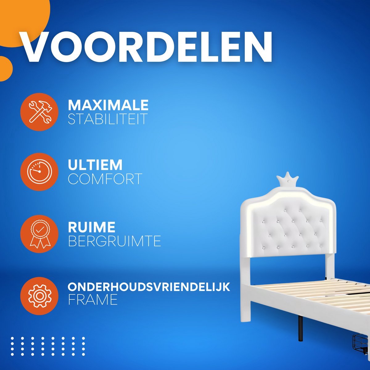 Kinderbed Tavien voor meisjes - 90x200cm - Gestoffeerd bed met 1 lade - LED-verlichting en rugleuning - Eenpersoonsbed