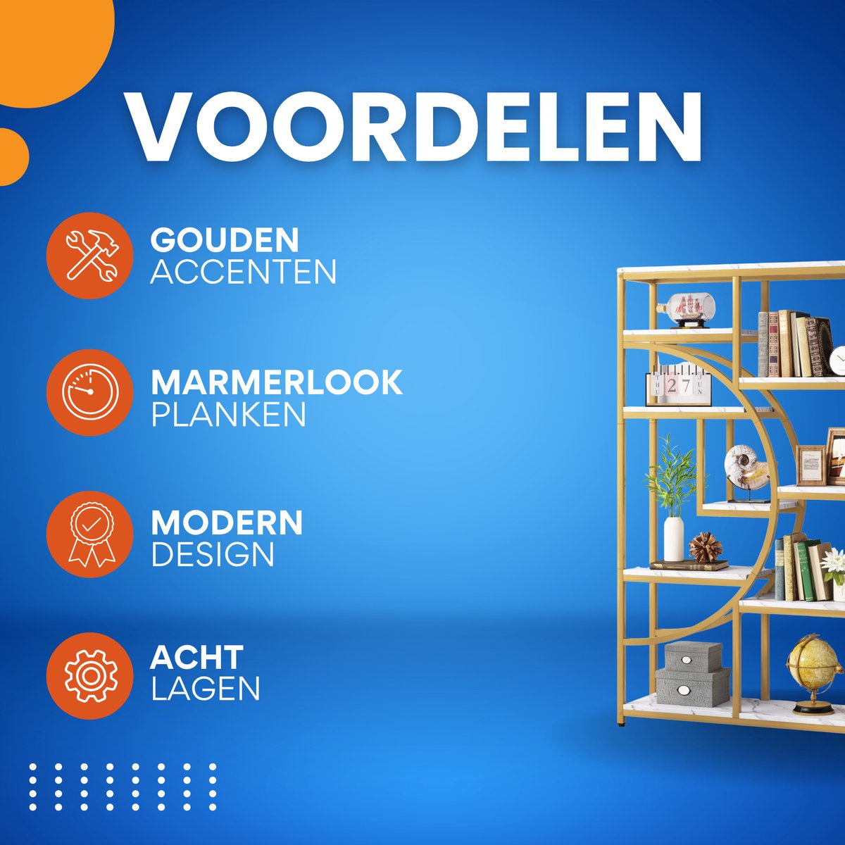 Boekenkast Velano - 8 Lagen - Stijlvol Boekenrek Metaal - Marmerlook en Goud - Voor Woonkamer