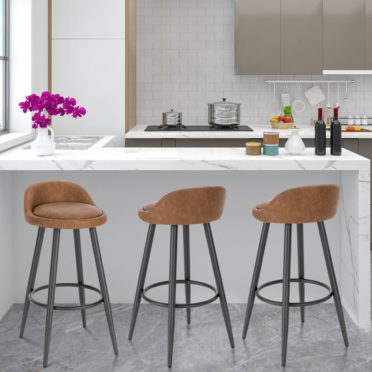 Leren Barkrukken London - Set van 2 - Bruin - Met rugleuning - Barstoelen ergonomisch - Keuken - Zithoogte 69cm