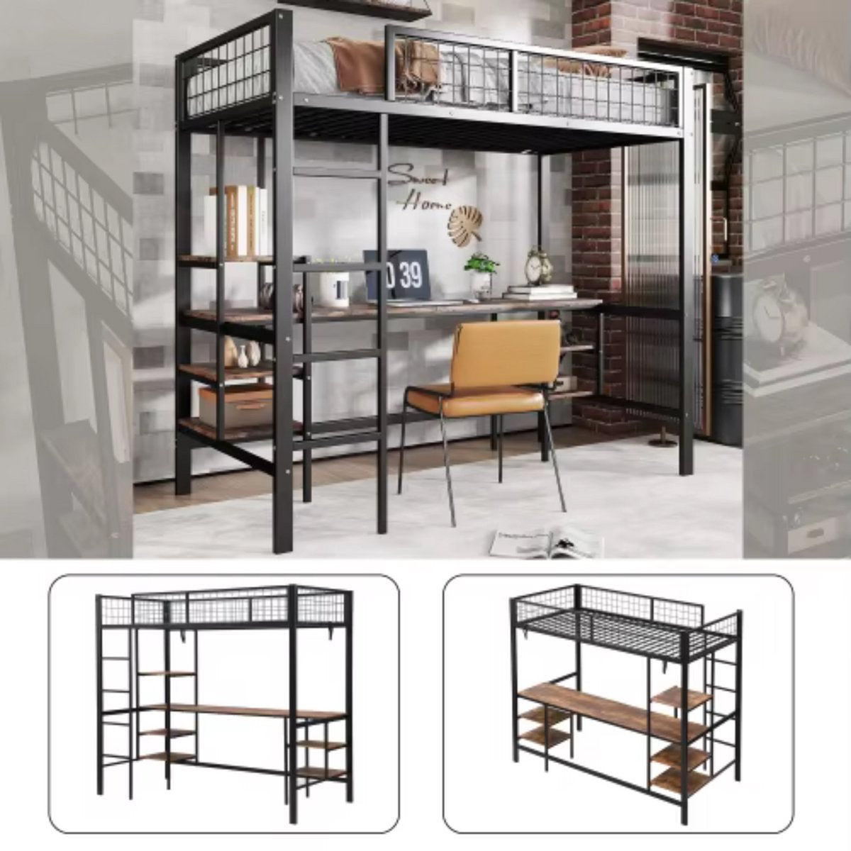 Luxe hoogslaper Retro - Voor kinderen - 90x200 cm - Met bureau - Kinderbed - stapelbed - Met Hoektrap, valbeveiliging en raam - Peuterbed
