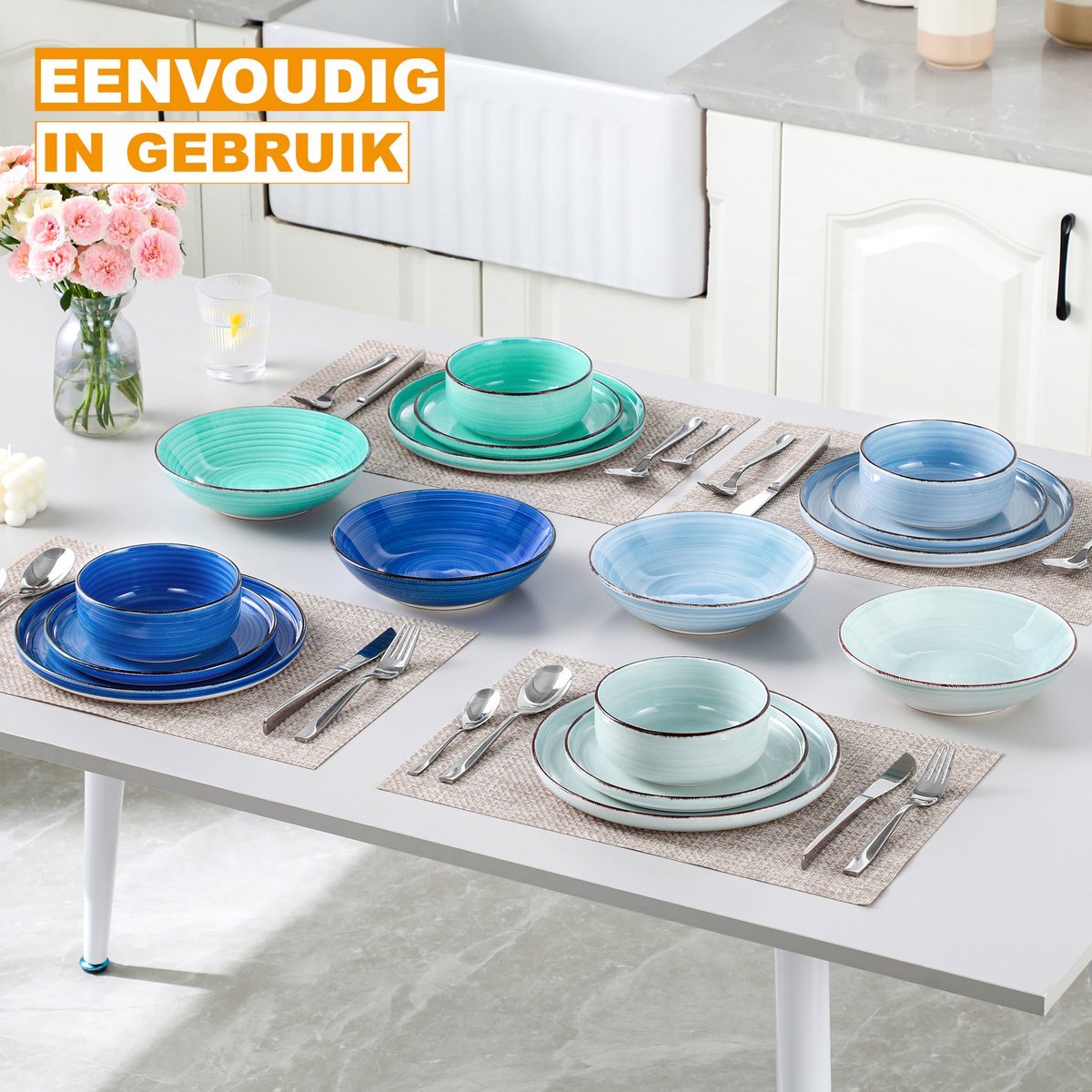 Rosalia Serviesset - 16 delig - 4 persoons - Rainbow blue - Dinerborden - Bordenset - Diepe borden - Ontbijtborden - Servies - Keukenservies
