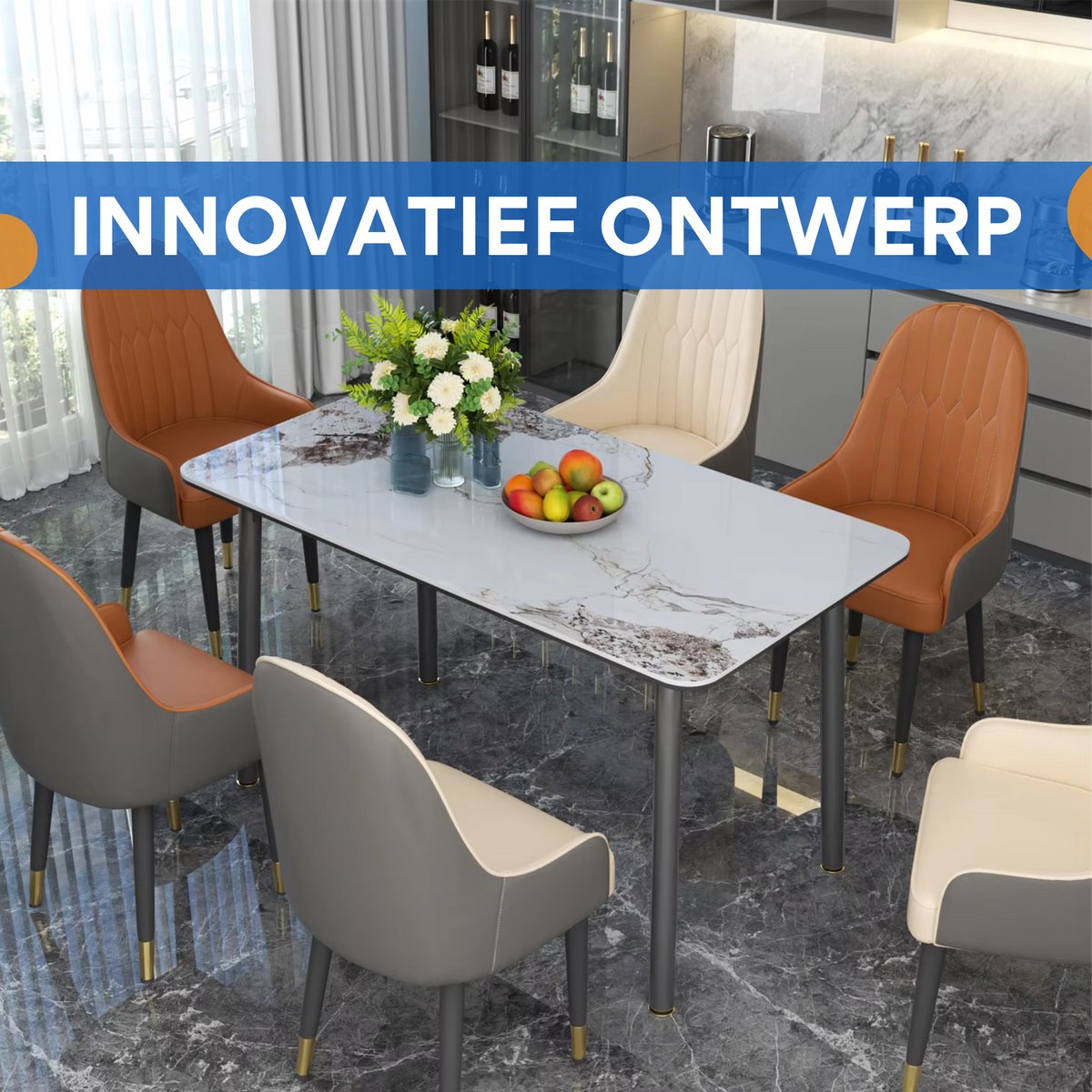 Eettafel Mandino - 4 tot 6 personen - Marmer look - 140cm - Marmer look - Rechthoekig
