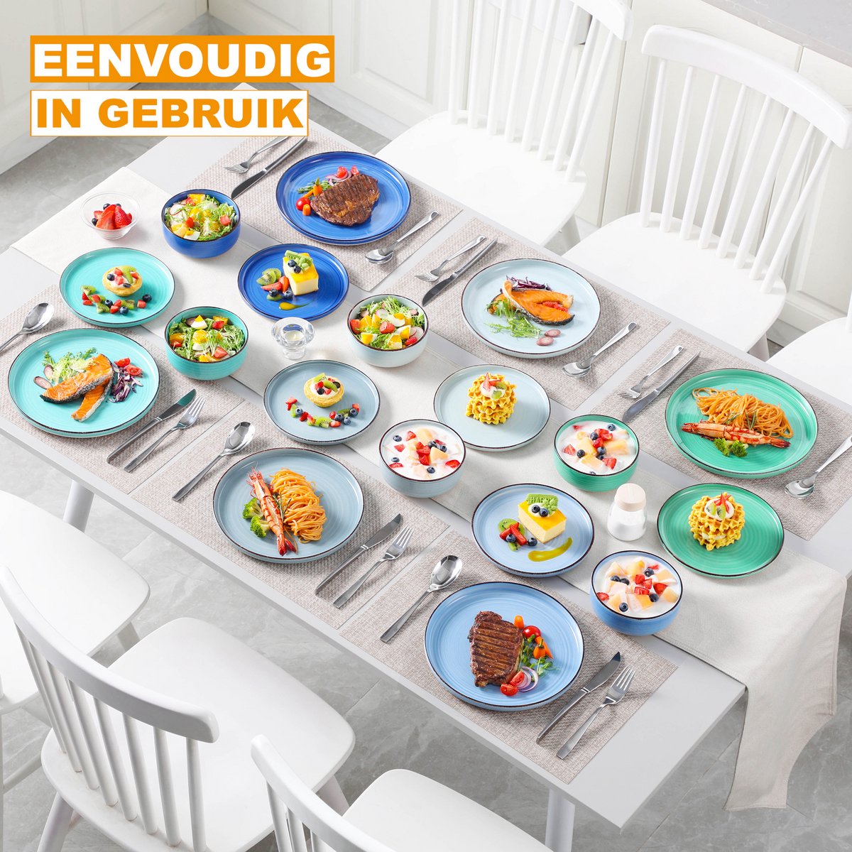 Montario Serviesset - 32 delig - 8 persoons - Rainbow blue - Dinerborden - Bordenset - Diepe borden - Ontbijtborden - Servies - Keukenservies