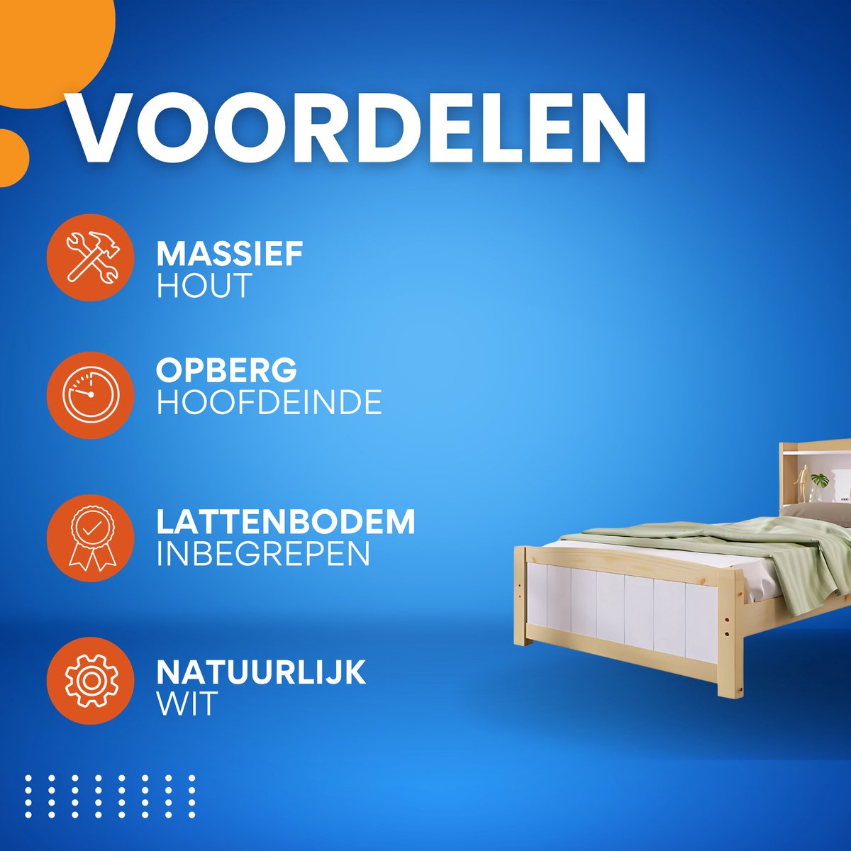 Eenpersoonsbed - Kinderbed - Kinderbedden - Voor Kinderen of Jeugd - Met Opberghoofdeinde & Lattenbodem - Grenenhout in Natuurlijk Wit - 90x200cm