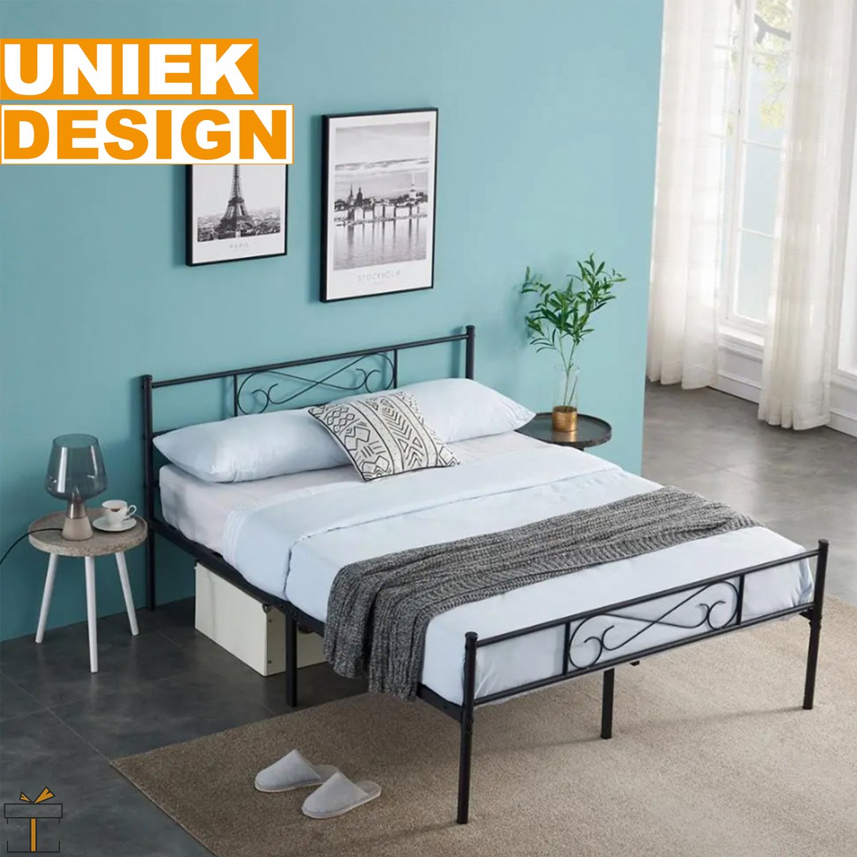 Happyment Luxe Bedframe Metaal - 2 persoons twijfelaar - 140 x 200cm - Incl. lattenbodem - Zwart
