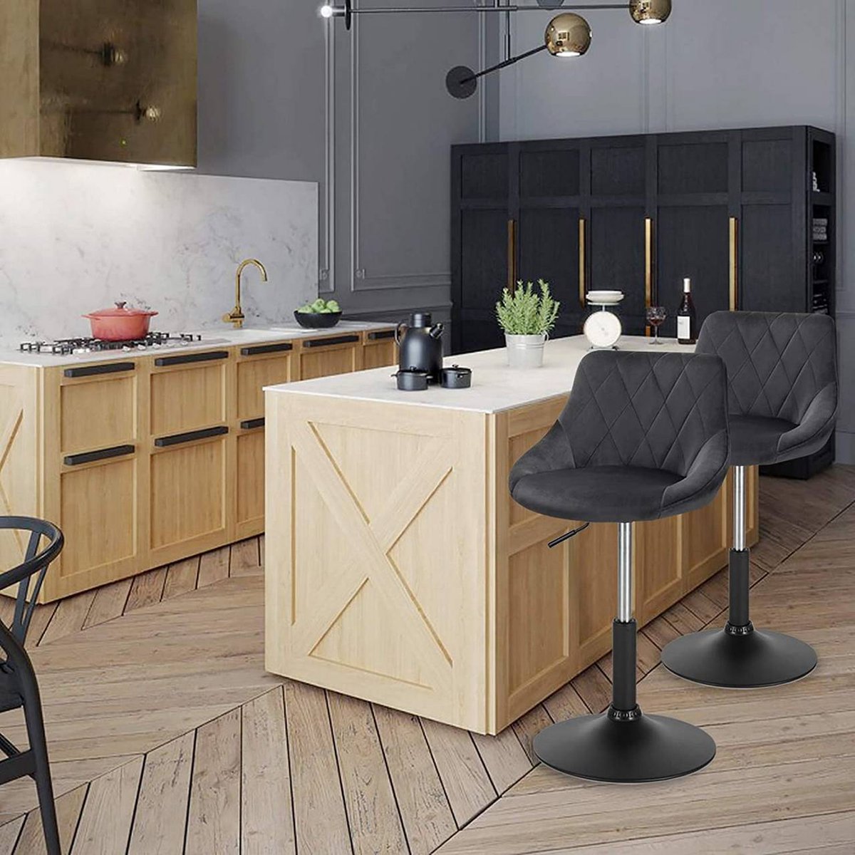 Luxe Barkurk Delvia - Industrial - Blauw - Barkrukken set van 2 - Barstoel Kruk - Barstoelen met rugleuning - Keukenstoel - In hoogte verstelbaar - Velvet
