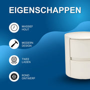 Rond nachtkastje - Bijzettafel - Voor thuis, kantoor of slaapkamer - Modern, met 2 laden - Massief hout - Wit