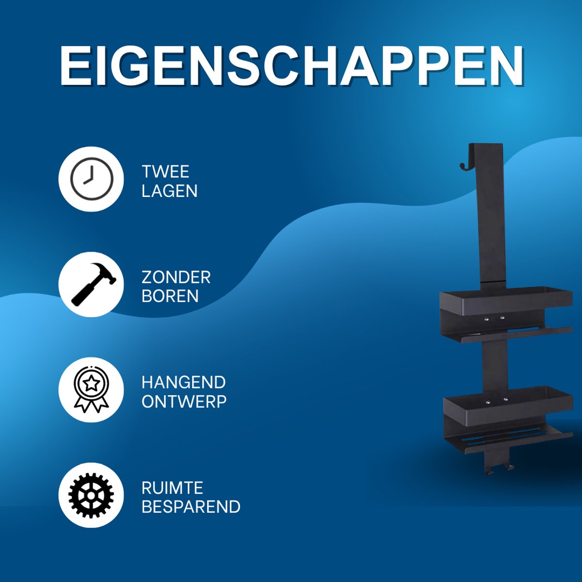 Luxe douchrek - Badkameropbergrek - Zonder boren - Shampoo - Hnagend - 2-Laags - Zwart