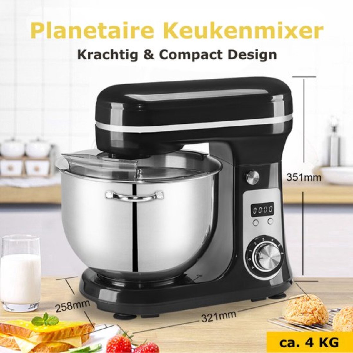 Deegmachine - 6L - Keukenmixer - Kneedmachine - Keukenmachine 4KG RVS - Deegmixer