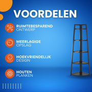 Hoekkast Treviano - Vakkenkast 180cm - Boekenrek Hoekmeubel - Opbergrek 5 Lagen - Zwart