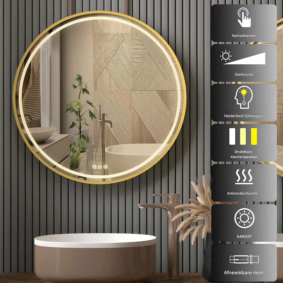 Ronde spiegel Valora - Met verlichting - 80cm - Voor Badkamer, Make-up & Wandmontage - Dimbaar licht met voorruitverluchting - Goud