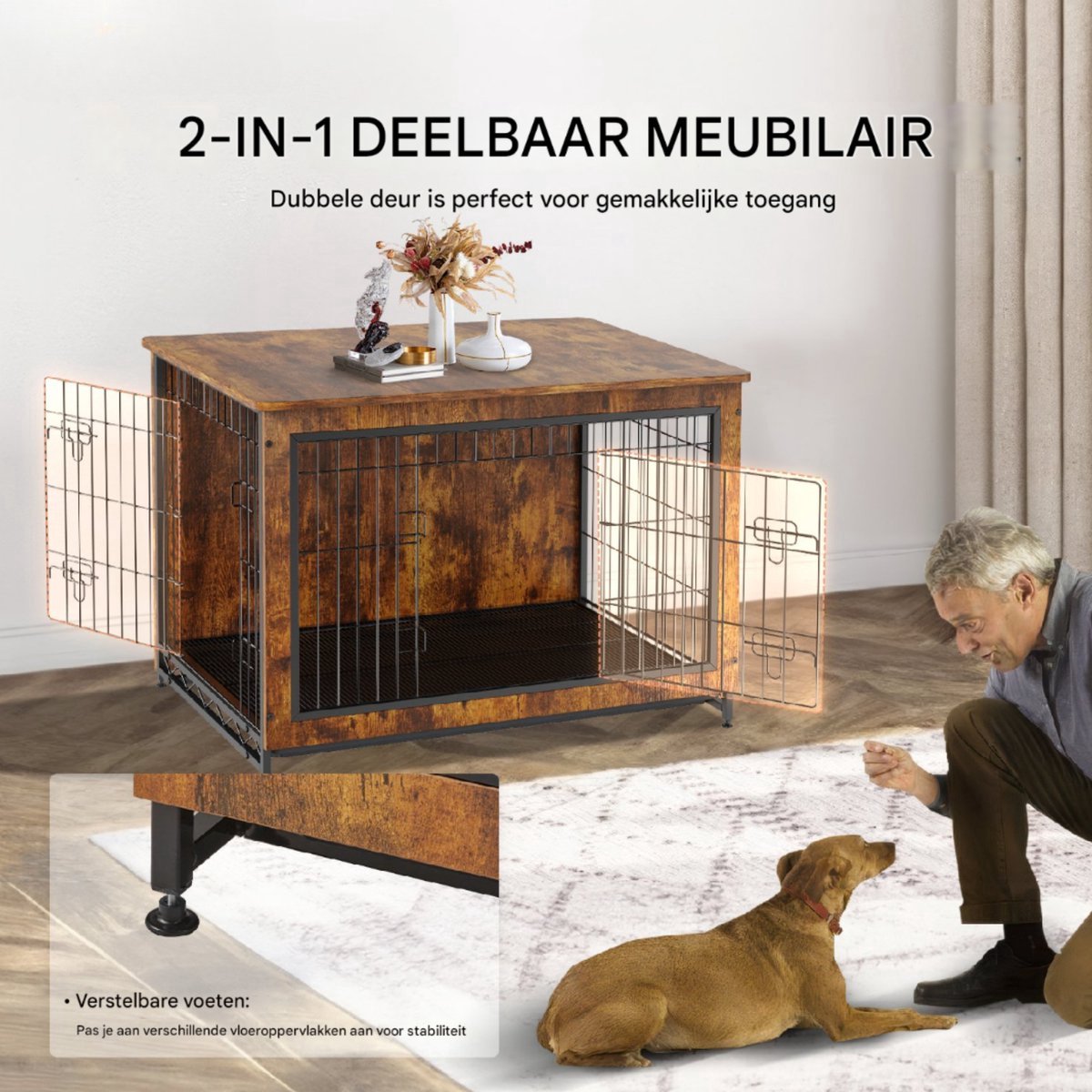 Luxe honden bench - Meubelkennel - Stalen frame - 2-Deurs - Inclusief kussen
