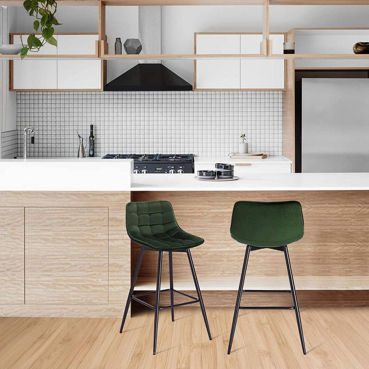 Barkruk Misa Industrial - Donkergroen - Barkrukken set van 2 - Barstoel Kruk - Barstoelen met rugleuning - Keukenstoel - Velvet