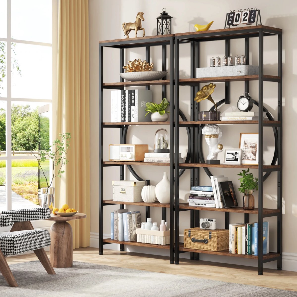 Boekenkast - Boekenplank - Wandplank - Boekenrek - Voor opbergen / woonkamer / kantoor - Industrieel - met open planken - Rustiek Bruin 01