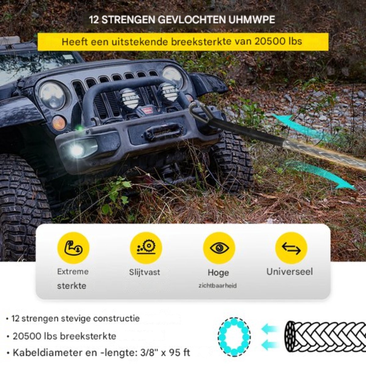 Synthetische Lier Touw - 29 Meter - Sterkte 9.3Ton / 20500Lbs - Geschikt Voor 9,5mm