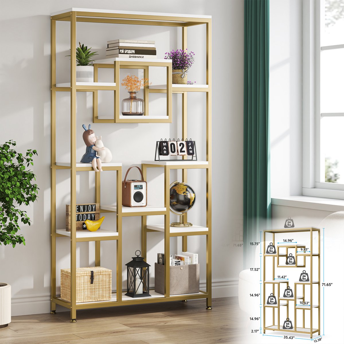 Boekenkast Dubai - Goud - Met 5 Lagen - Marmerlook - Voor Woonkamer, Slaapkamer of Kantoor