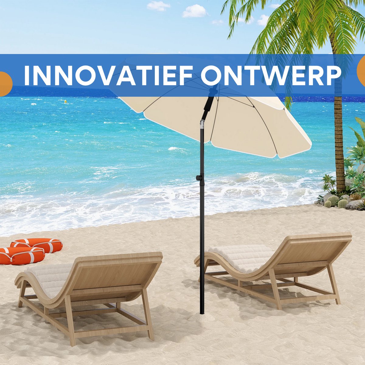 Ronde Parasol - Voor Balkon, Strand of Tuin - Verstelbaar & 45° Kantelbaar - UV-Resistent & Waterdicht - Beige 155cm
