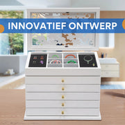 6-laags Sieradendoos - Juwelendoos - Opbergdoos - Voor Oorbellen, Kettingen & Horloges - Hout & Fluwelen Stof - Wit